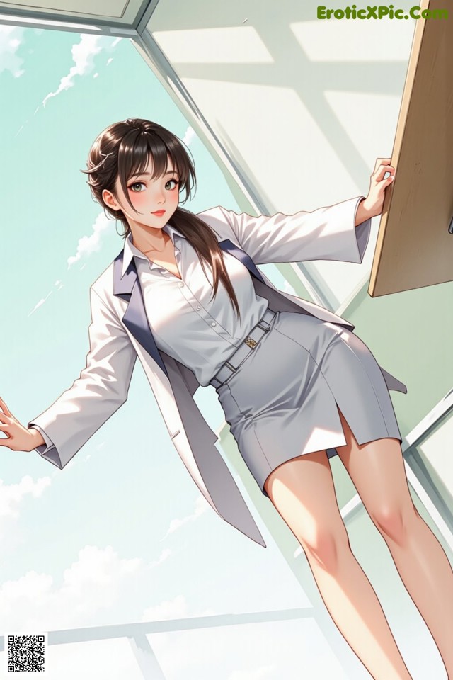 A woman in a white shirt and gray skirt leaning against a wall.