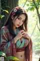 A woman in a kimono posing for a picture in the woods.