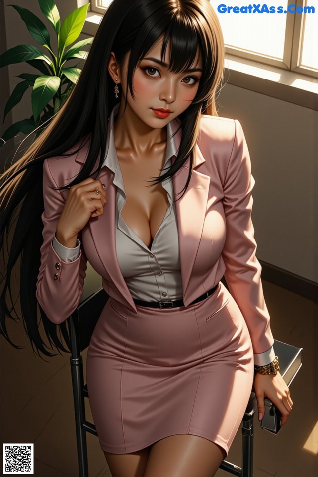 A woman in a pink suit sitting on a chair.