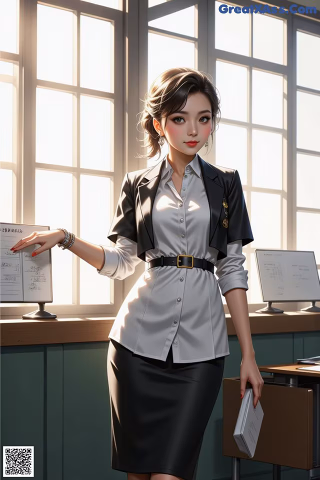 A woman in a white shirt and black skirt standing in front of a desk.