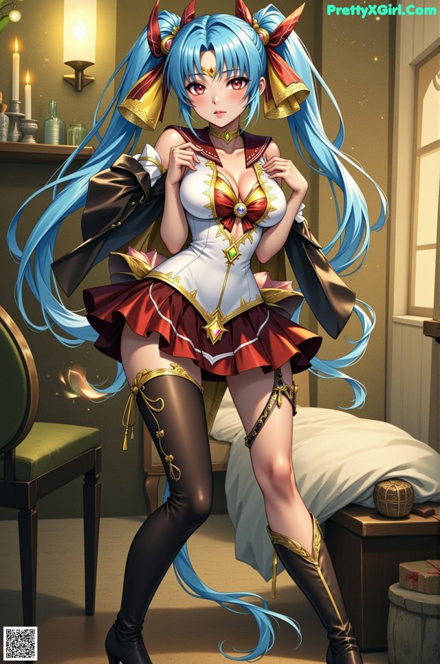 A woman with long blue hair standing in a room.