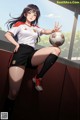 A woman in a soccer uniform holding a soccer ball.