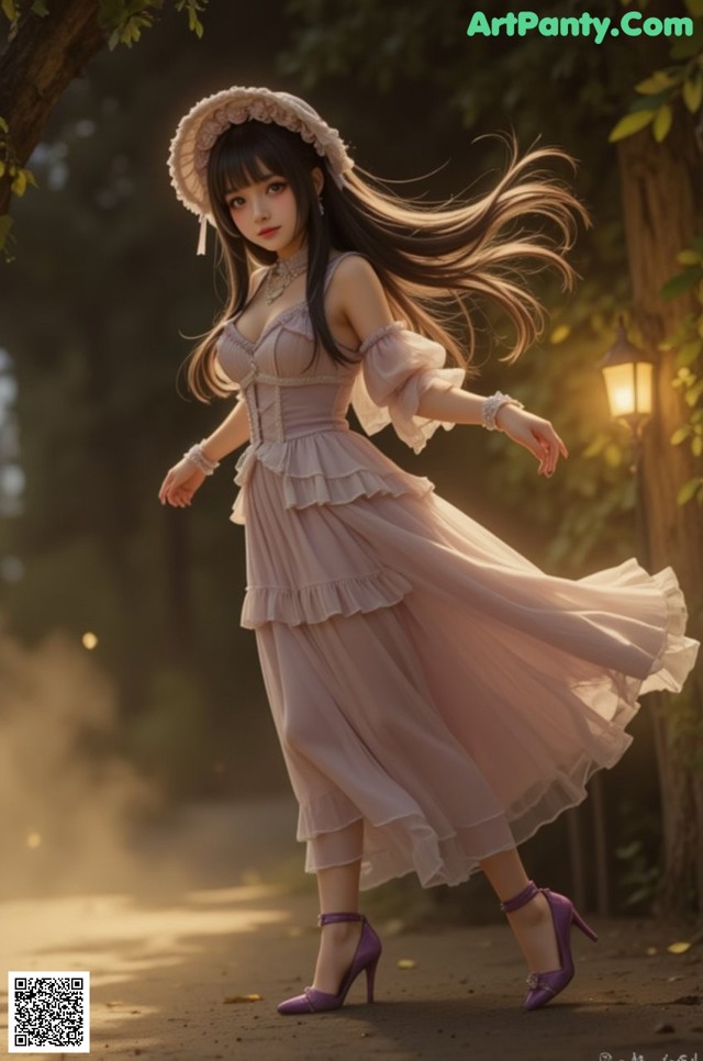 A woman in a pink dress and hat is walking down a path.