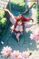 A woman with red hair in a kimono-like outfit is falling down a stone path amidst cherry blossoms.